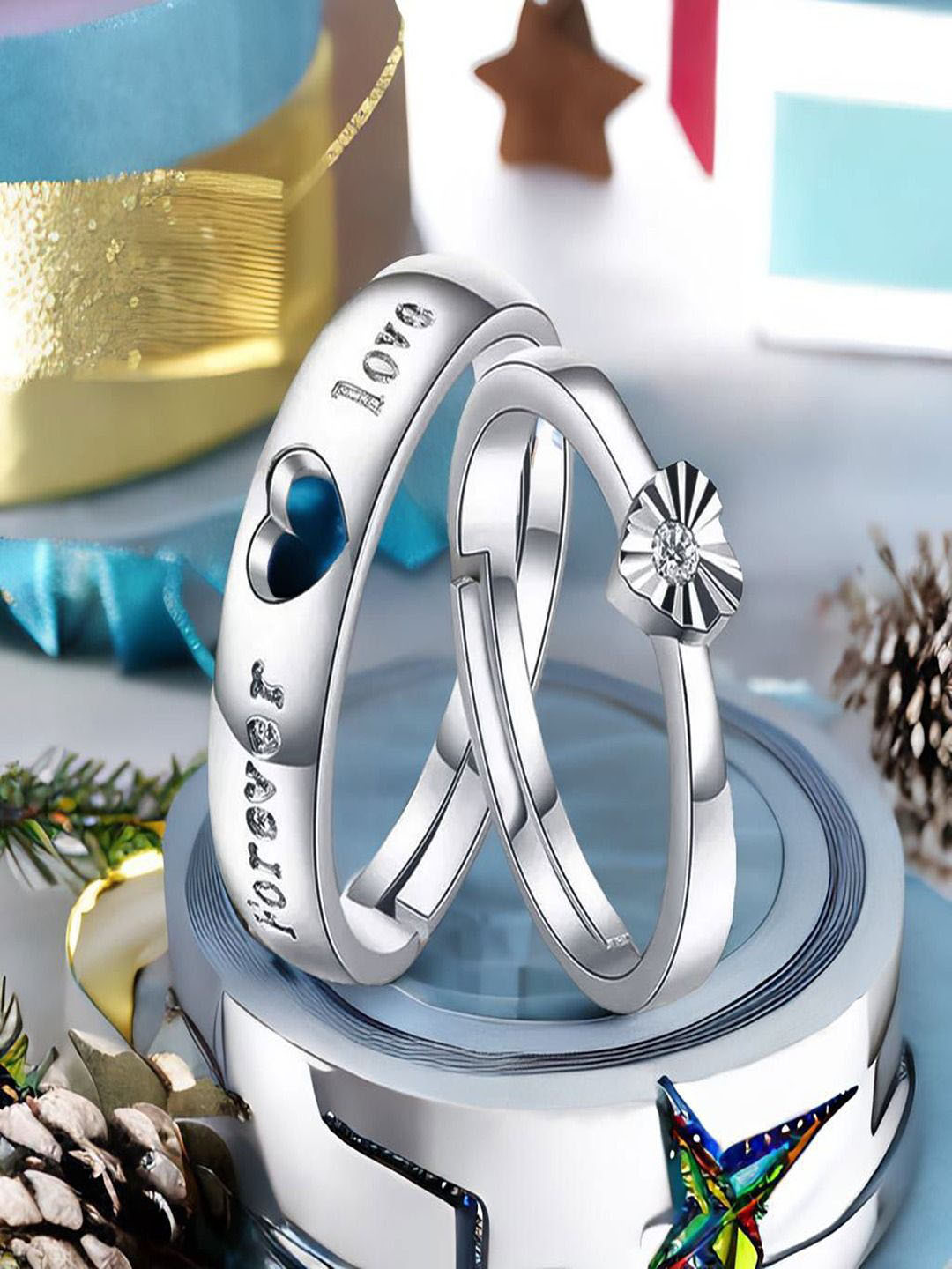 UNIVERSITY TRENDZ Set Of 2 Stainless Steel Crystal-Studded Love Forever Engraved Rings