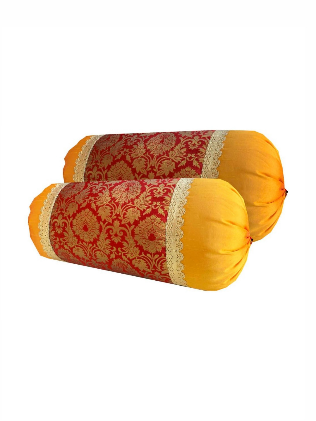 Pink Parrot 2-Pcs Red & Yellow Floral Designed Bolster Covers