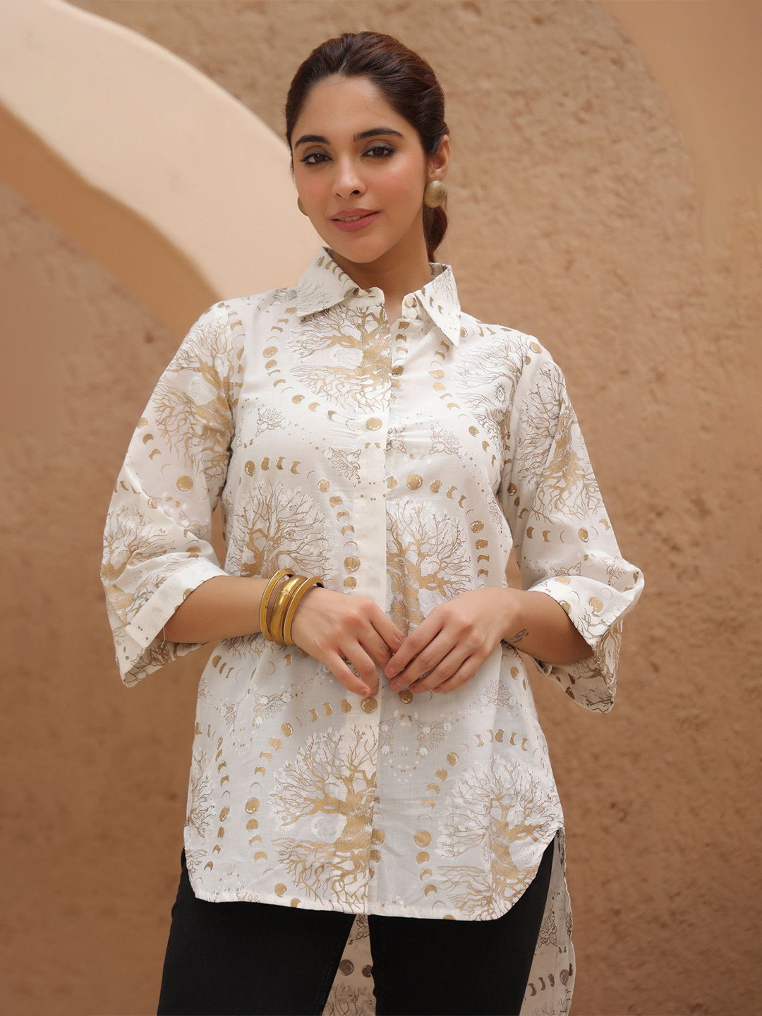 Rain & Rainbow Shirt Collar Printed Tunic