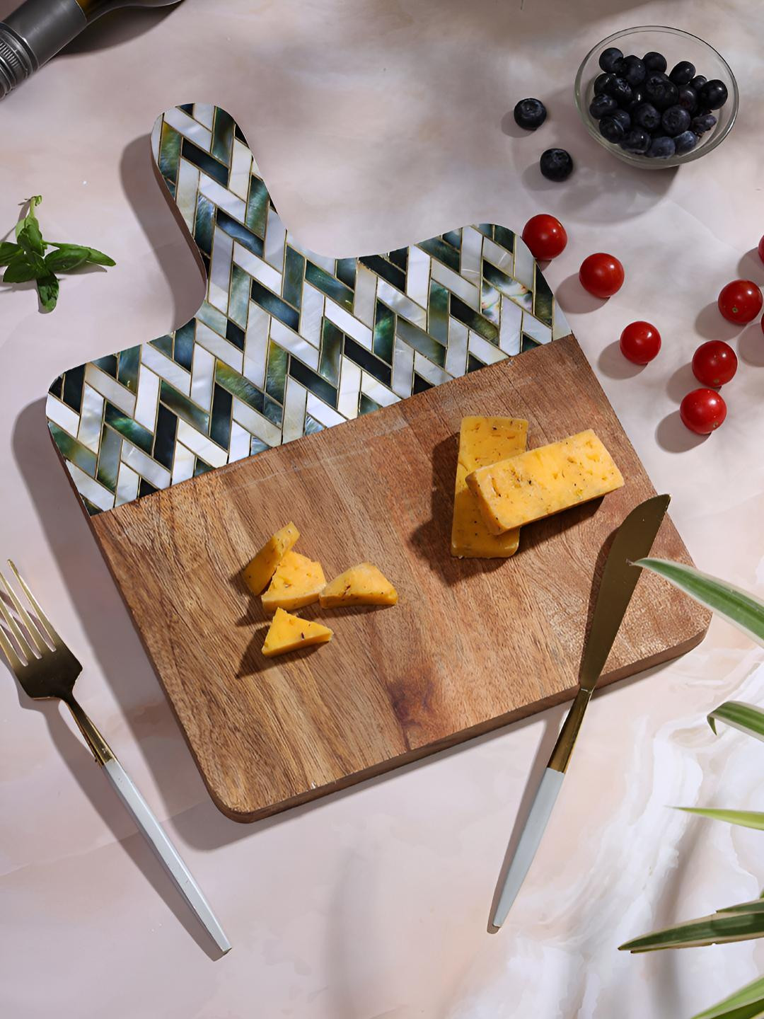 DULI Brown & White Zig Zag Enamel Coated Wooden Rectangle Cheese Board