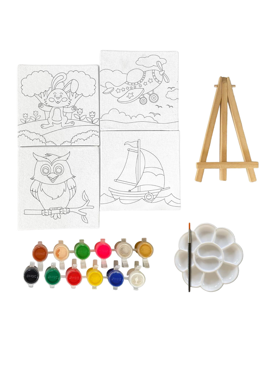 Mini Leaves Set of 4 Diy Craft Canvas Paint Kit and Brushes with Easel for Kids 4-6 Yrs