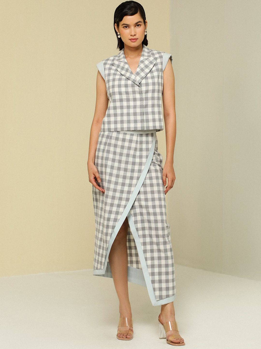 ZAITRA Women Checked Crop Tailored Jacket with Patchwork