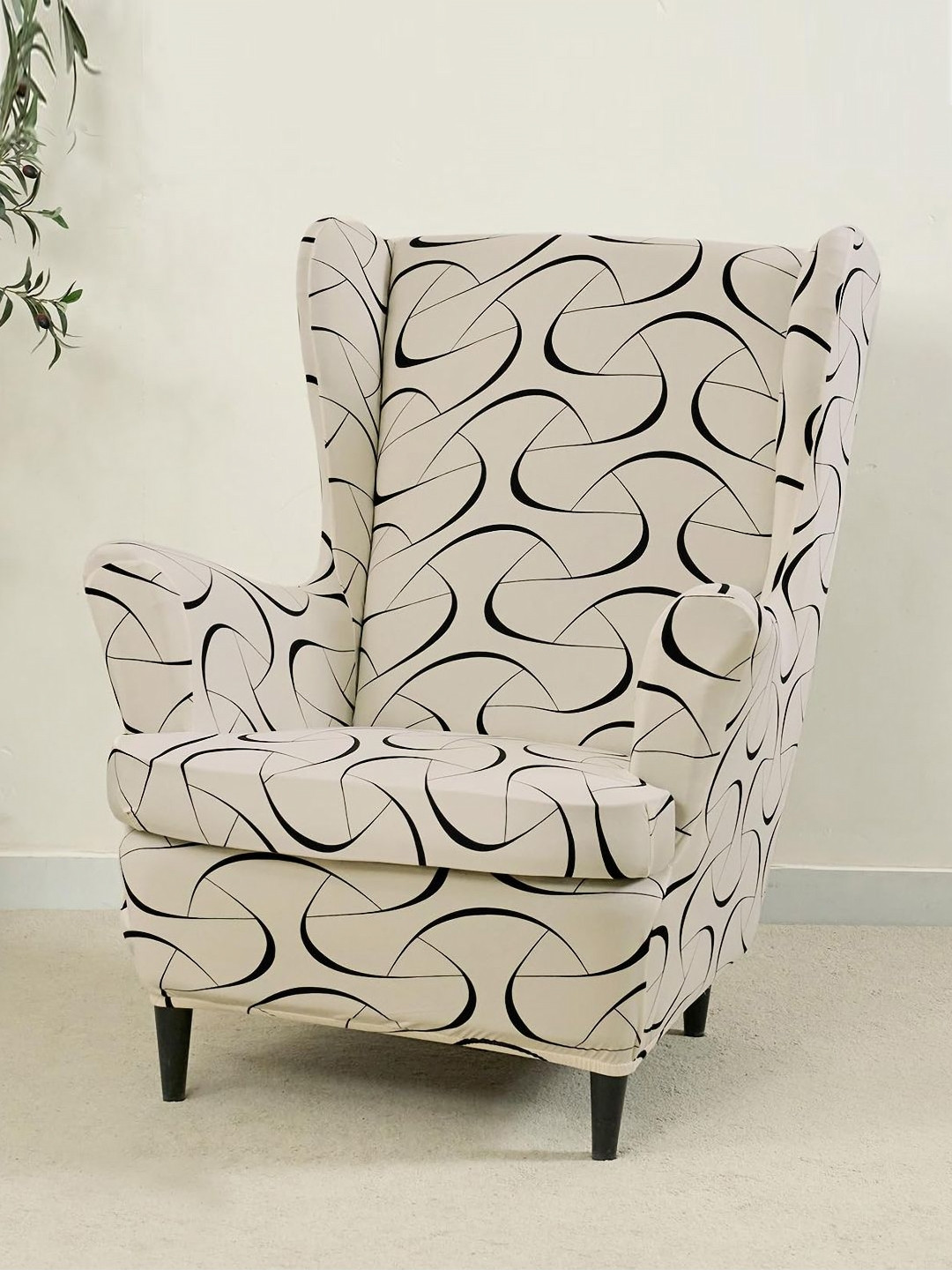 HOKIPO  Beige & Black 140GSM Stretchable Wing Chair Cover