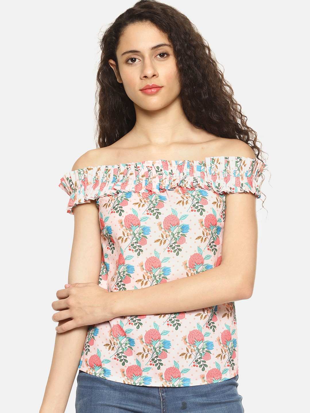 SAHORA Floral Print Off-Shoulder Crepe Bardot Top
