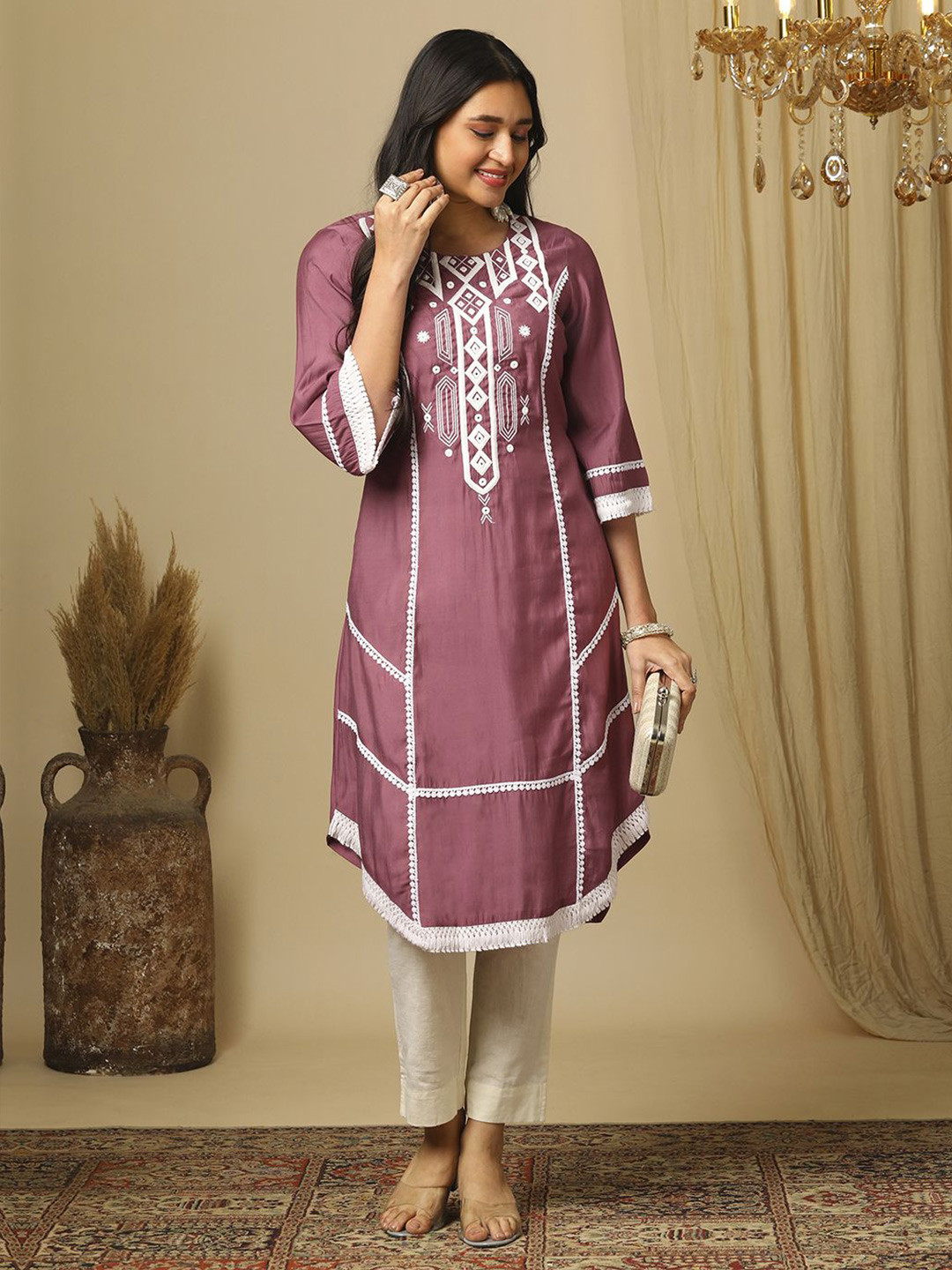Globus Embroidered Round Neck Bell Sleeves lace detail Apple Cut Hem A-Line Fusion Kurta