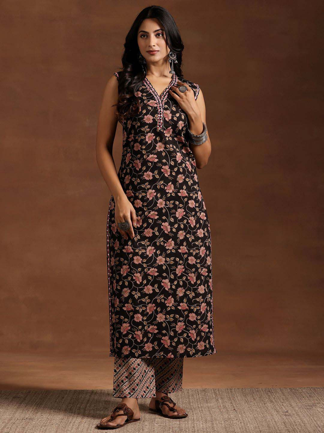Libas Women Floral Printed Regular Mirror Work Pure Cotton Kurta with Trousers