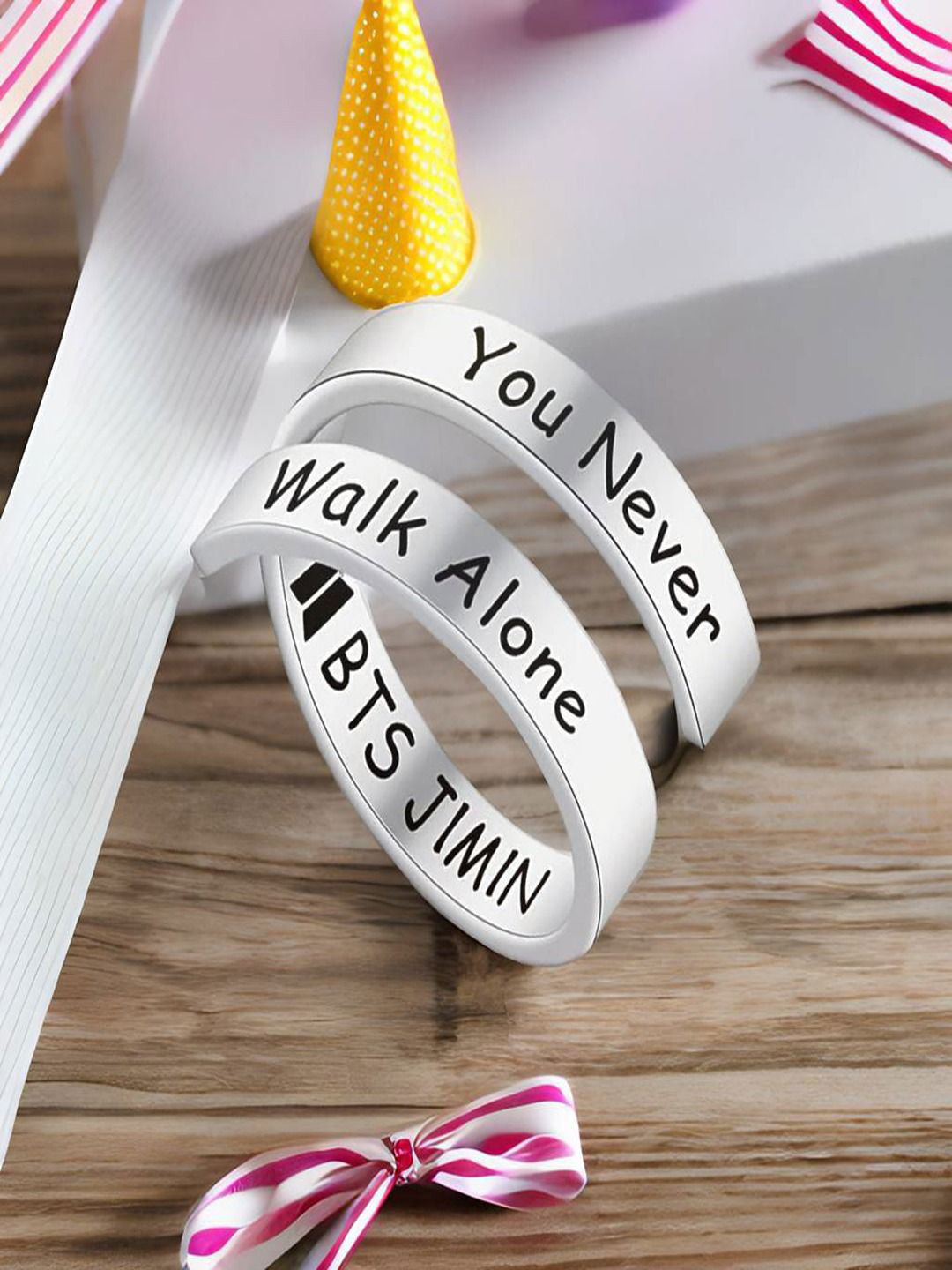 UNIVERSITY TRENDZ Set Of 2 Silver-Plated BTS JIMIN Engraved You Never Walk Alone Rings