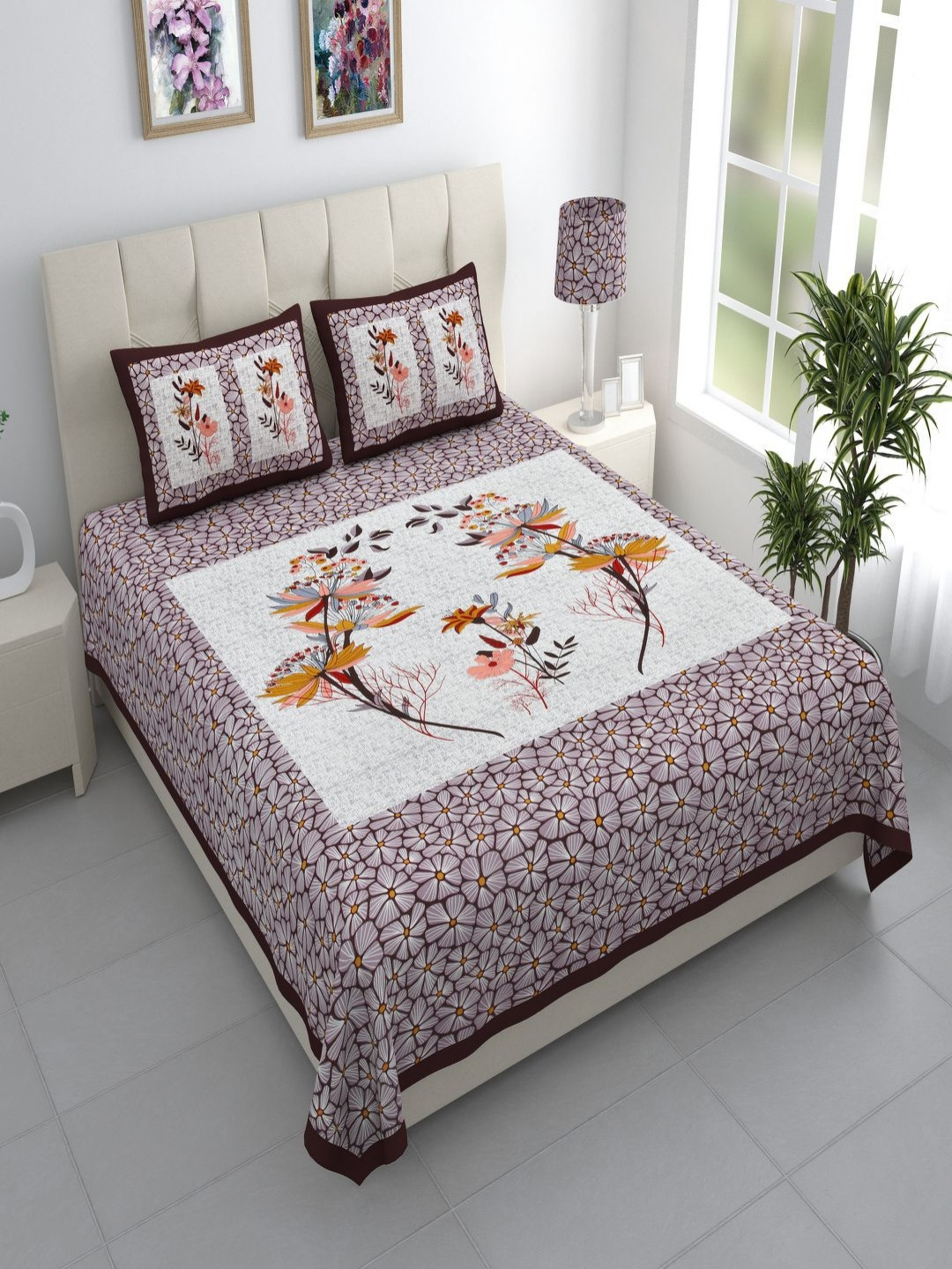 Qfab Purple Floral Cotton 300 TC King Fine Bedsheet with 2 Pillow Covers-89 x 110 inches