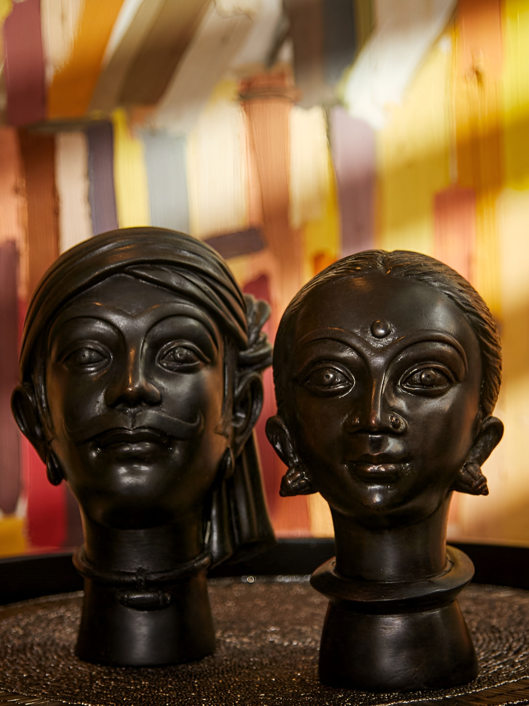 MAATIR DESIGNS india Tribal Head Bust Black Wood Natural Living Room Set of 2 Medium Showpieces - 8 Inches