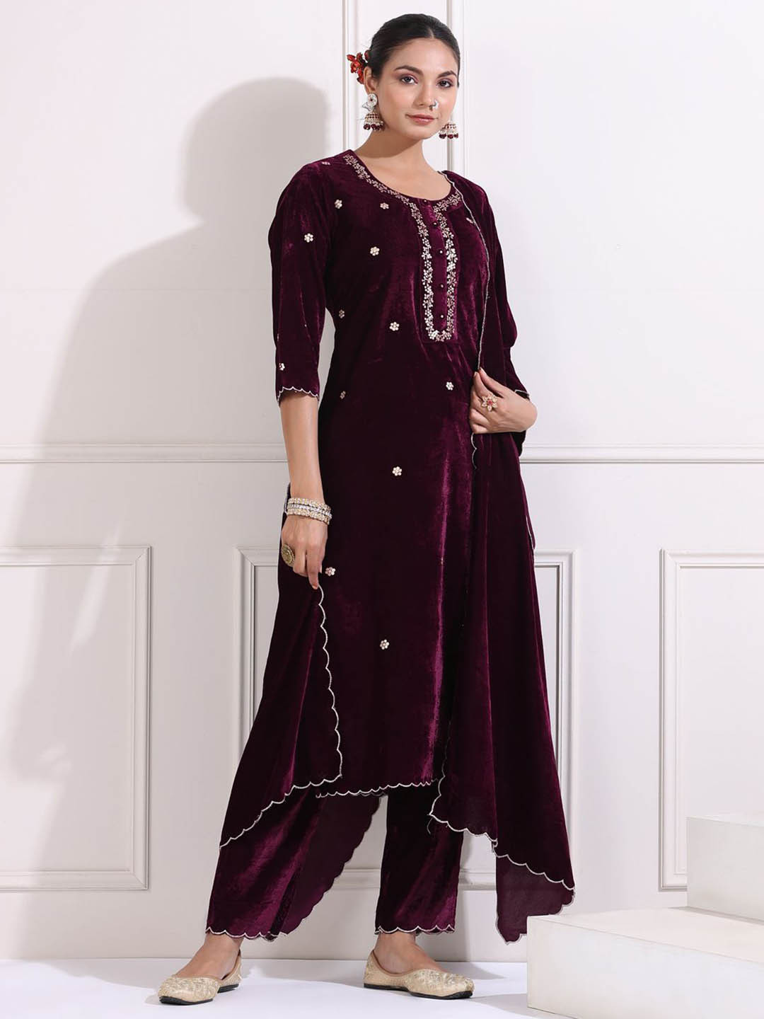 AMOREE Women Embroidered Flared Sleeves Mirror Work Velvet Kurta