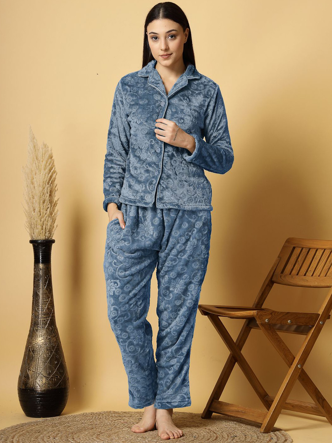 FABINALIV Floral Embossed Lapel Collar Winter Night Suit