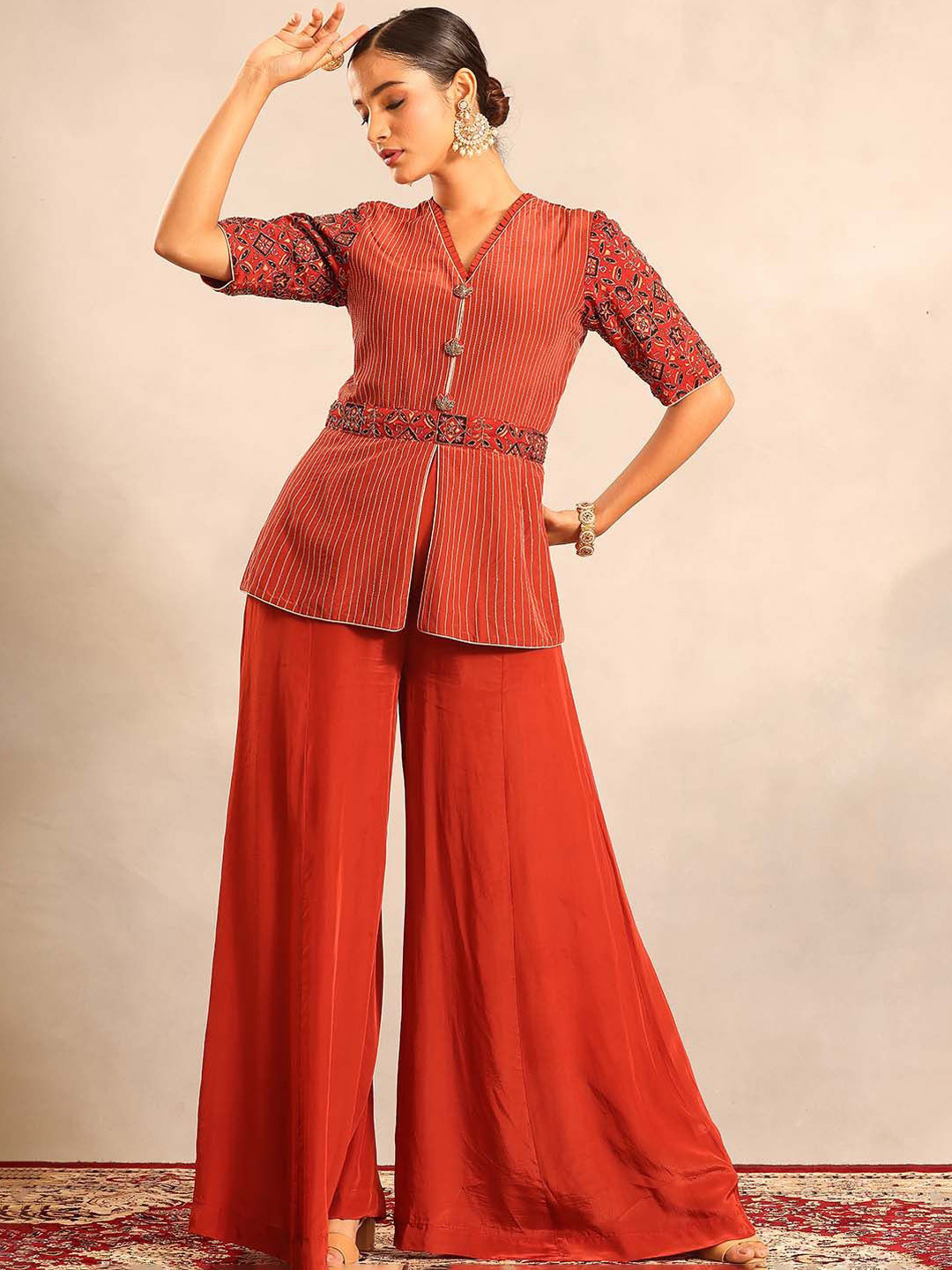 Sejal Kamdar Embellished Peplum Top & Palazzos Co-Ord Set