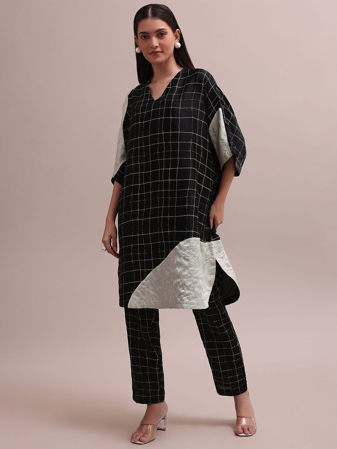KALKI Fashion Checked Cotton Tunic Top With Trousers & Inner Co-Ords Set