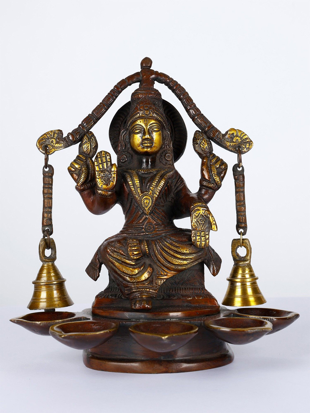 Exotic India Brass Goddess Lakshmi Five Wicks Lamp with Bells