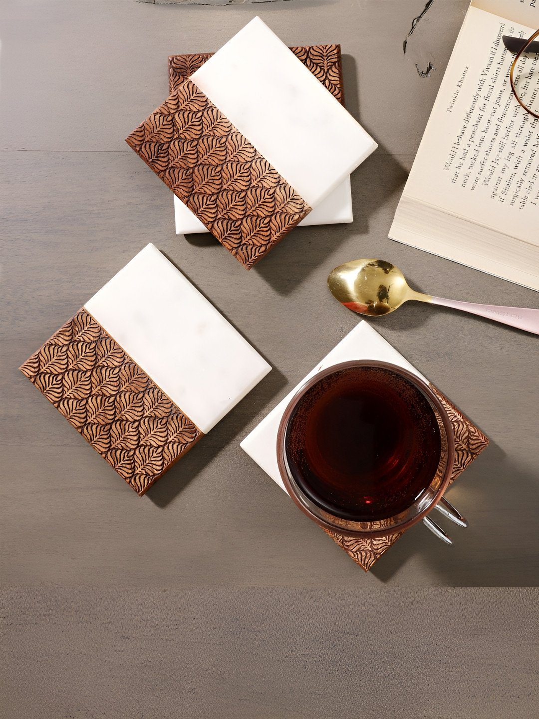 NikkisPride 4-Pcs White & Brown Square Coasters
