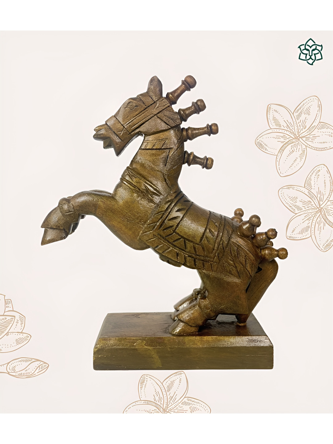 MAATIR DESIGNS Horse Gold Wood Natural Living Room Hand Carved Medium Showpiece - 14 Inches