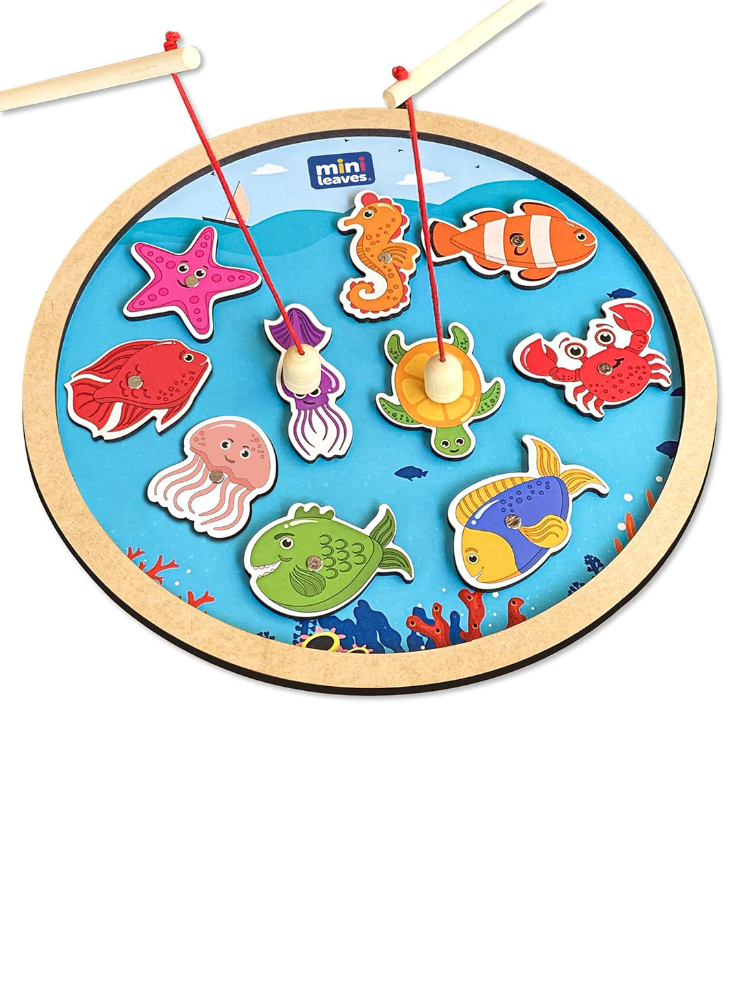 Mini Leaves 10-Piece Magnetic Fishing Game Tray Wooden Educational Toy for Kids 2+ yrs