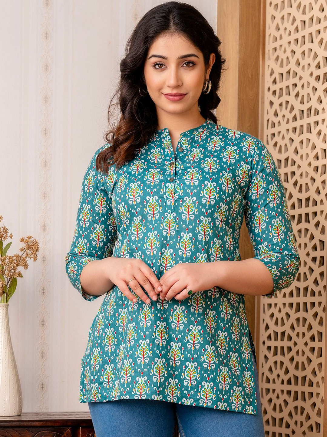 CELEBRAVO Floral Print Mandarin Collar Roll-Up Sleeves Cotton Shirt Style Top