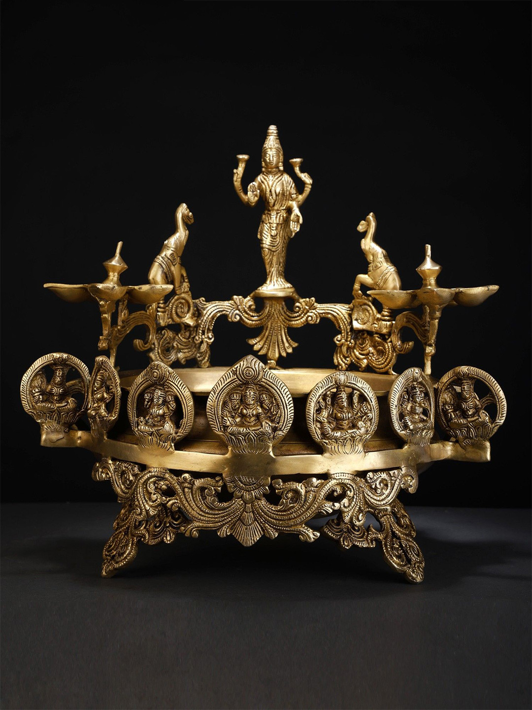 Exotic India Brass Goddess Ashtalakshmi Urli with Multi Wicks Lamp