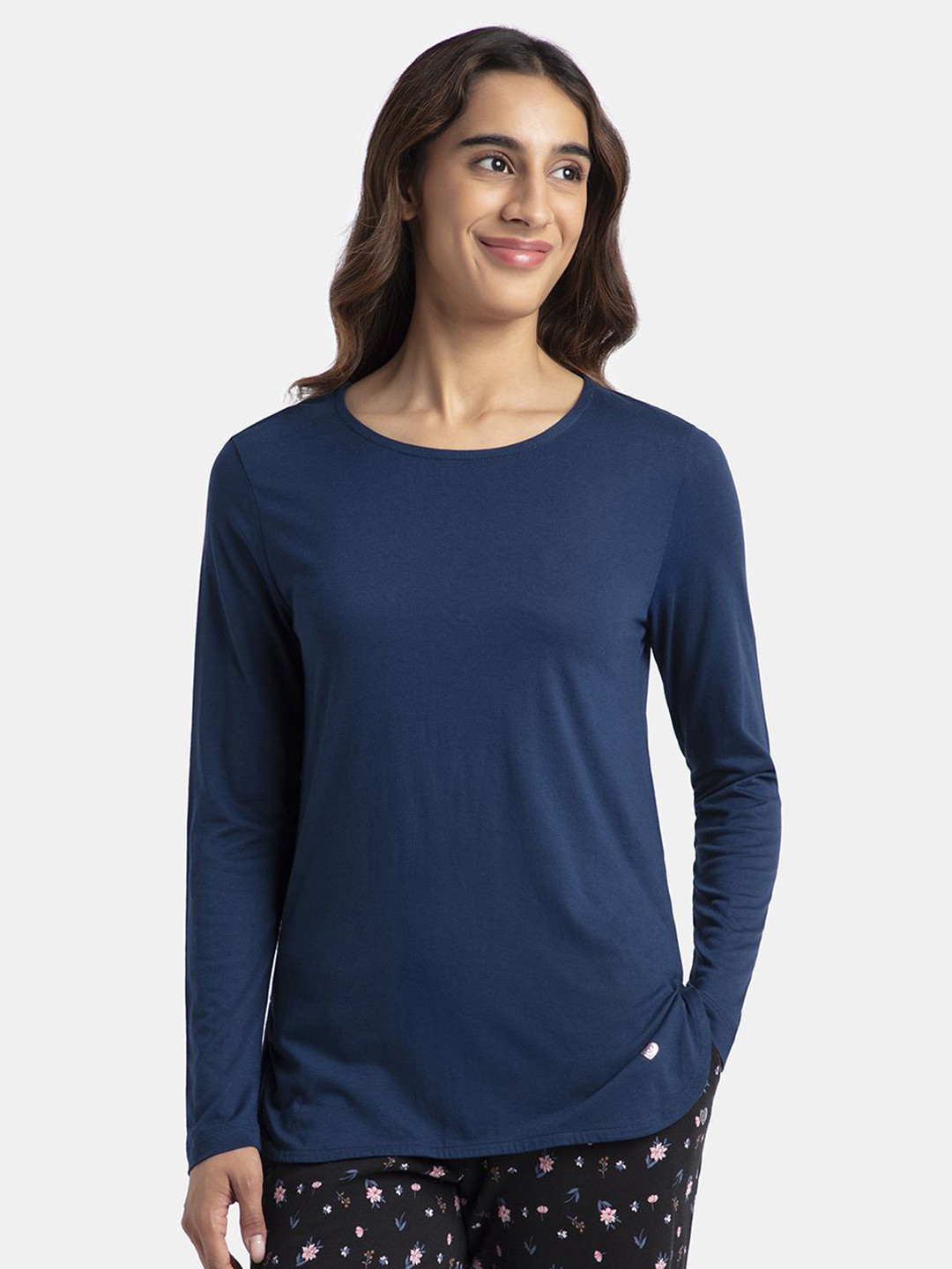 Jockey Micro Modal Cotton Solid Round Neck Full Sleeve Tshirt with Curved Hem Styling-RX21