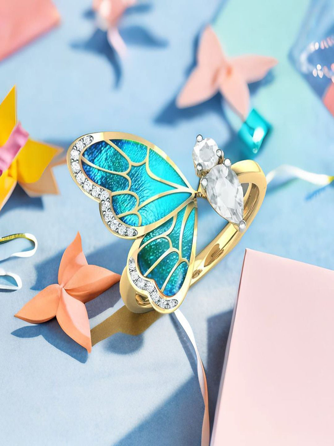 UNIVERSITY TRENDZ Gold-Plated Crystal-Studded Half Butterfly Finger Ring