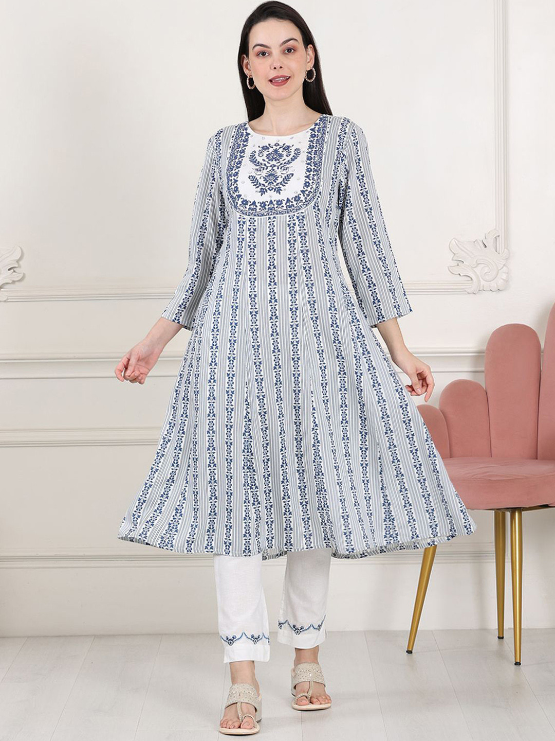 W Women Floral Printed Cold-Shoulder Sleeves Sequinned Anarkali Kurta