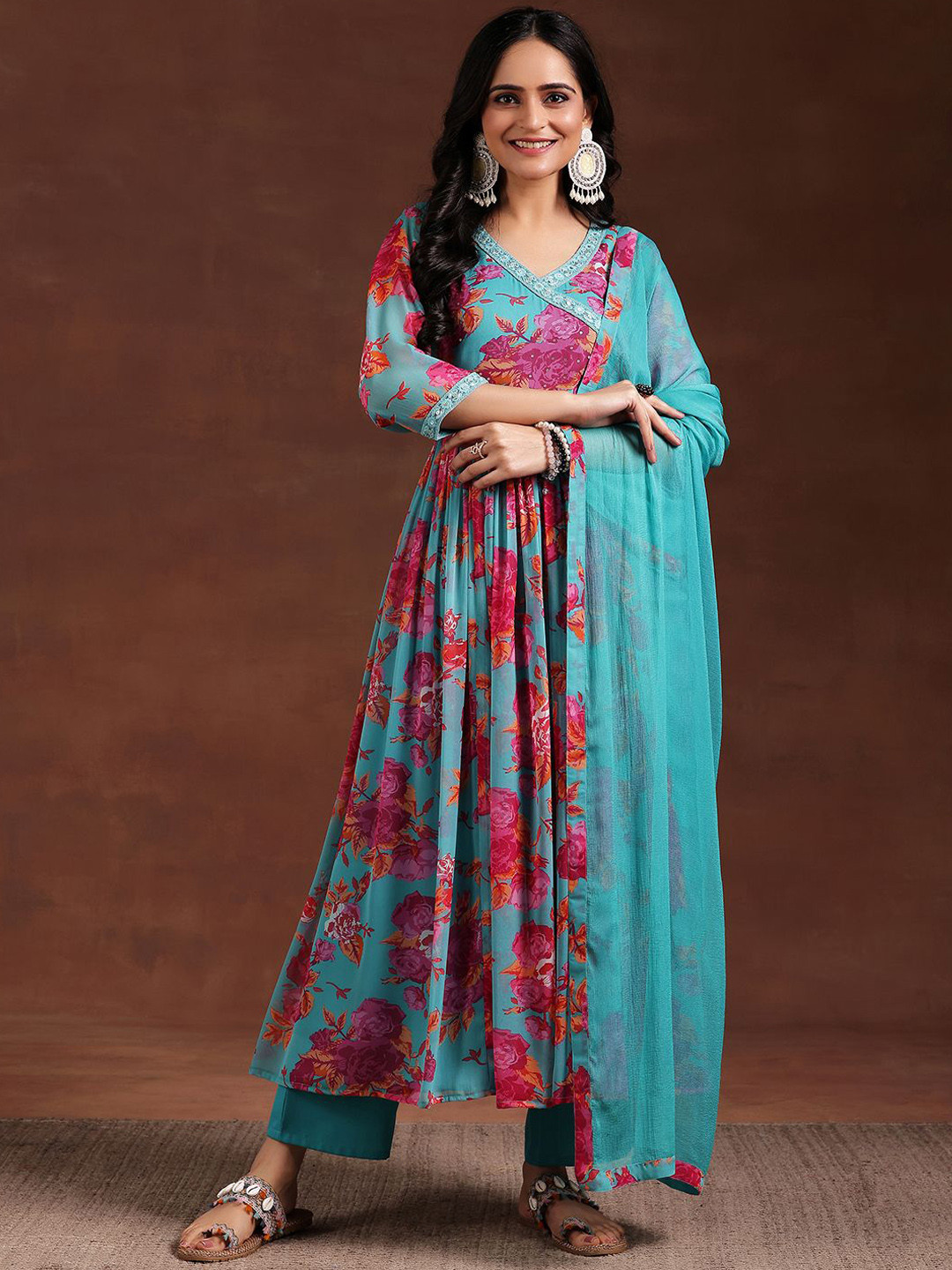 Libas Womens Blue Printed Chiffon Anarkali Kurta With Trousers & Dupatta