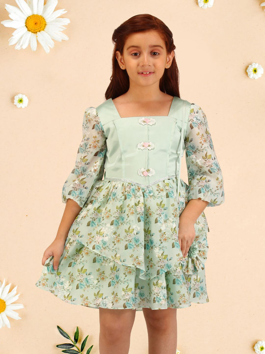 CUTECUMBER Floral Print Applique Net Fit & Flare Dress