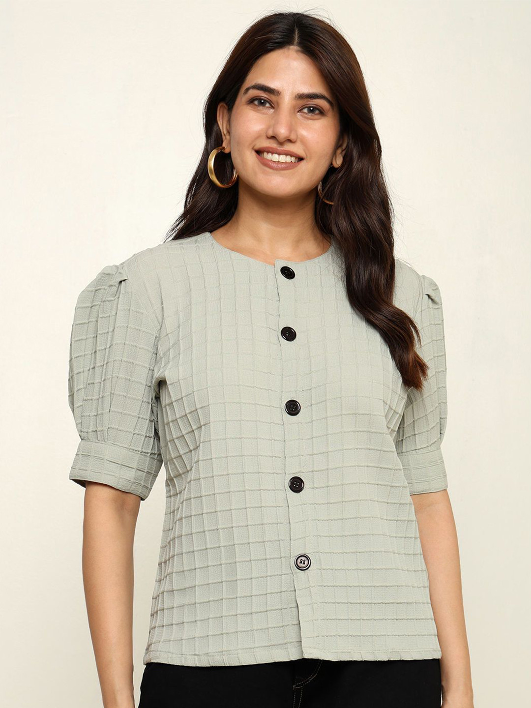 Prettify Checked Puff Sleeve Shirt Style Top