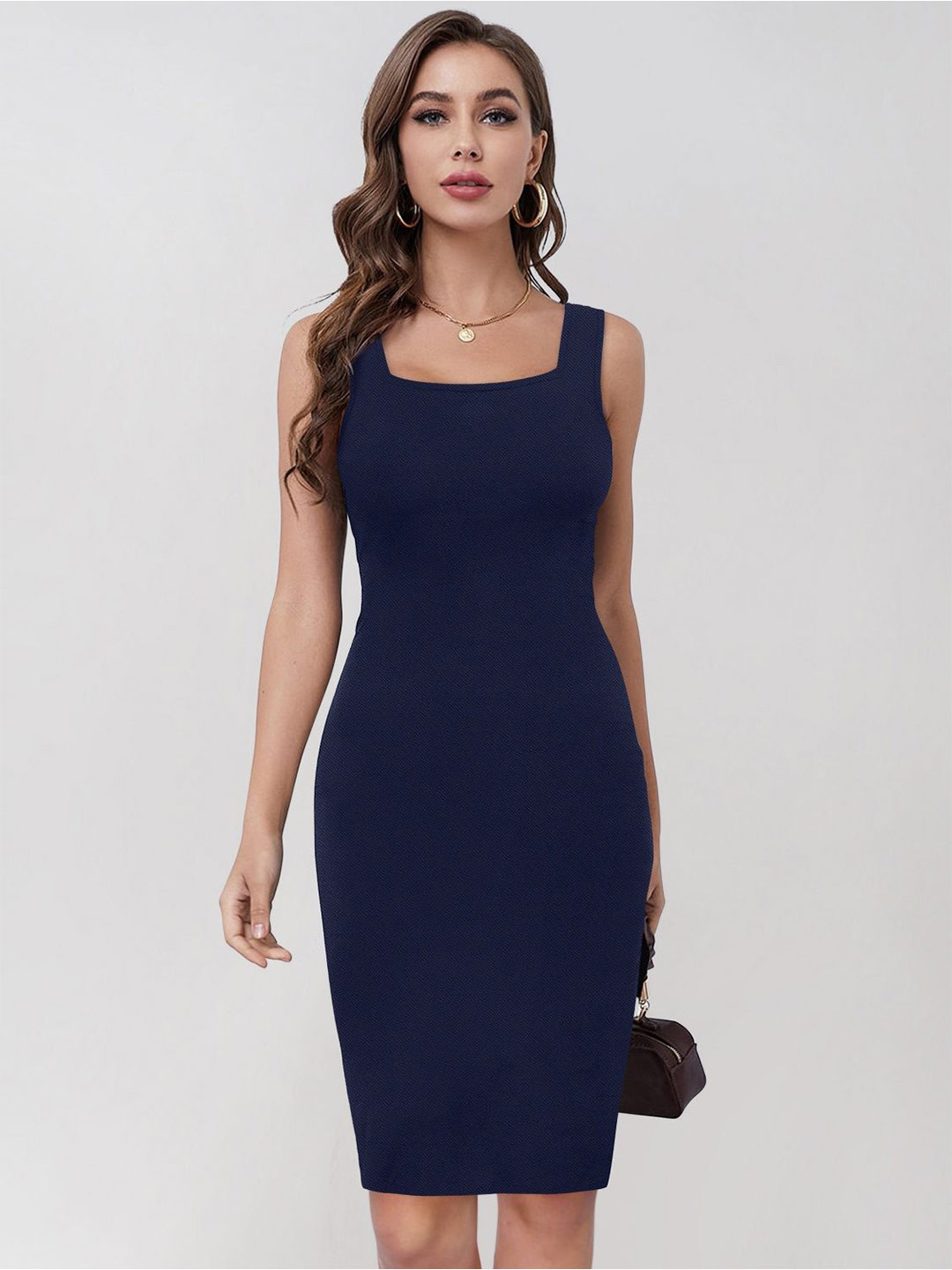 KERI PERRY Women Square Neck Sleeveless Bodycon Midi Dress