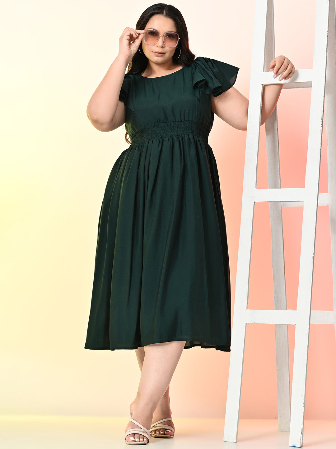 PrettyPlus by Desinoor.com Plus Size Flutter Sleeve Smocked Waist Fit & Flare Midi Dress