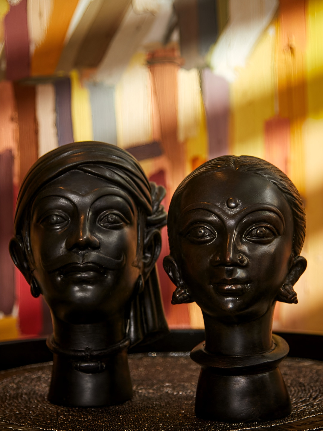 MAATIR DESIGNS india Tribal Head Bust Black Wood Natural Living Room Set of 2 Medium Showpieces - 8 Inches