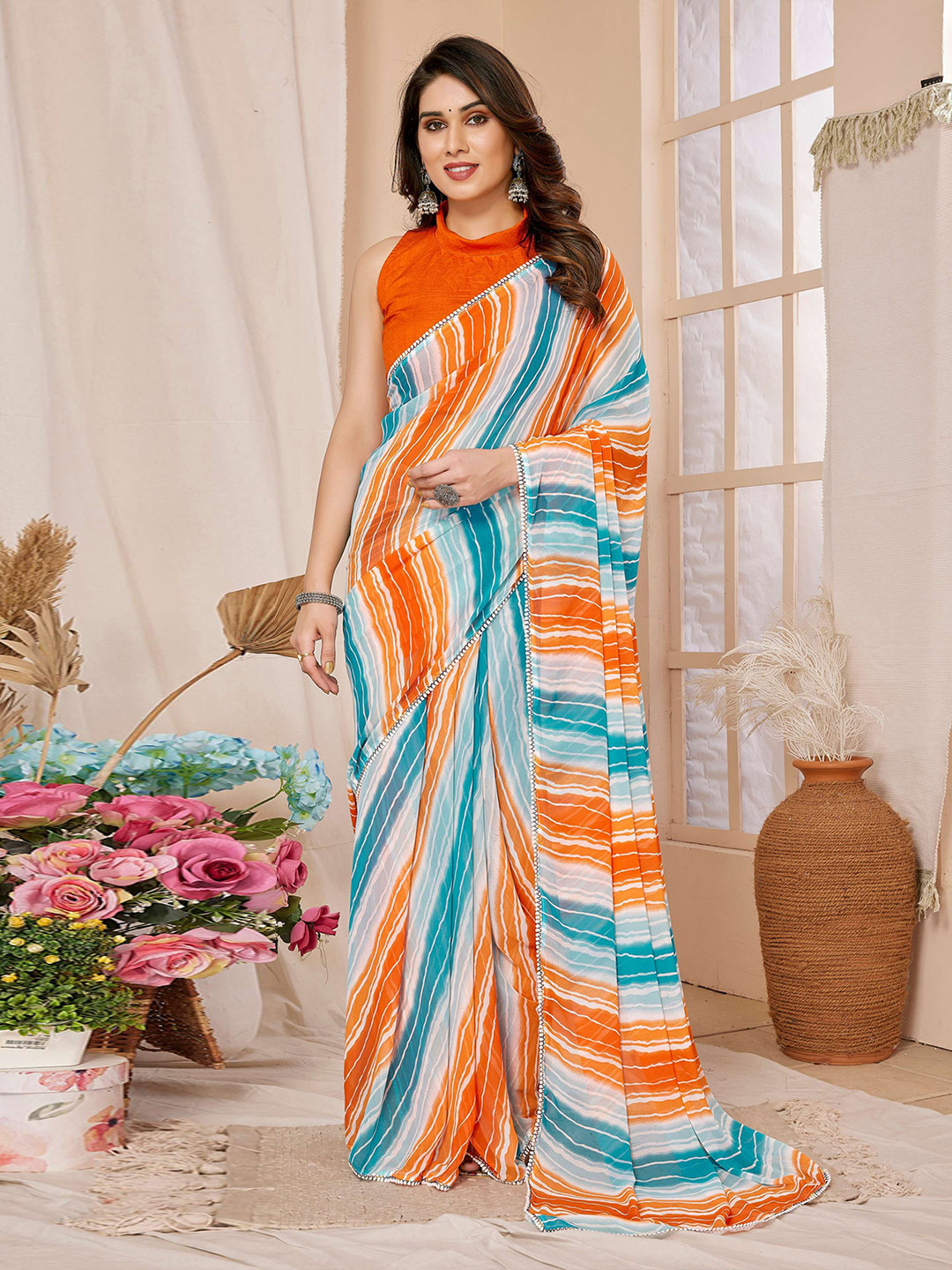bansari textiles Striped Gotta Patti Pure Georgette Ready to Wear Saree