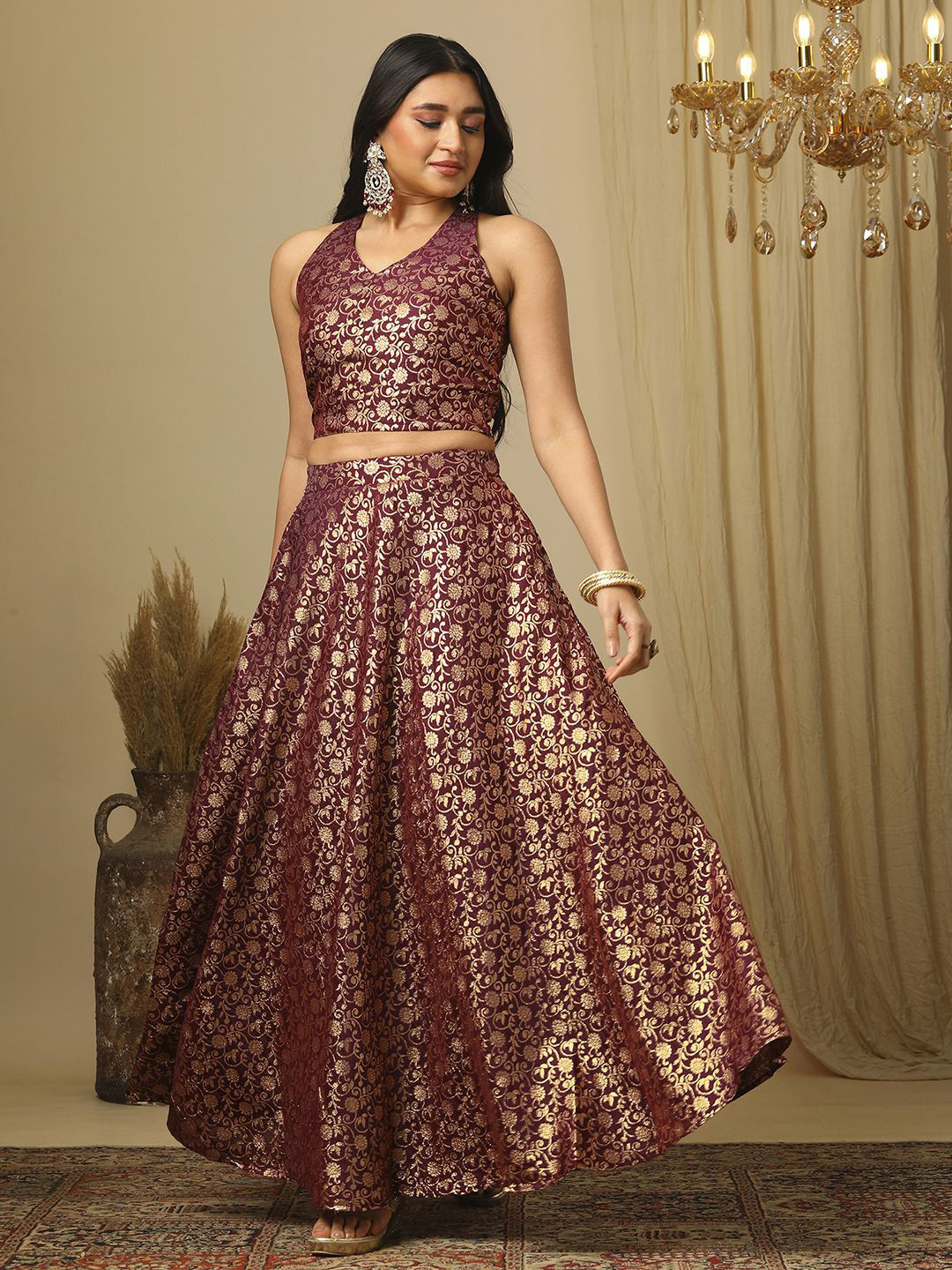 Globus Women Burgundy Brocade Floral Halter Neck Back Blouse & Flared Lehenga Co-Ords Set