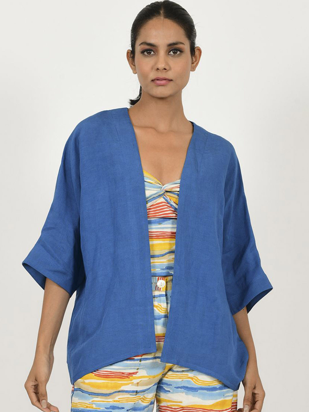 Rias Jaipur Women Organic Cotton Crop Open Front Jacket with Embroidered