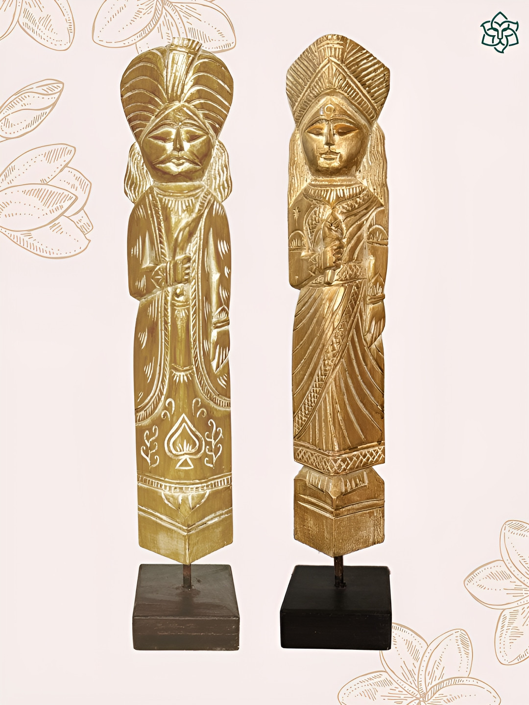 MAATIR DESIGNS Raja Rani Gold Wood Natural Living Room Set of 2 Large Showpieces - 21 Inches