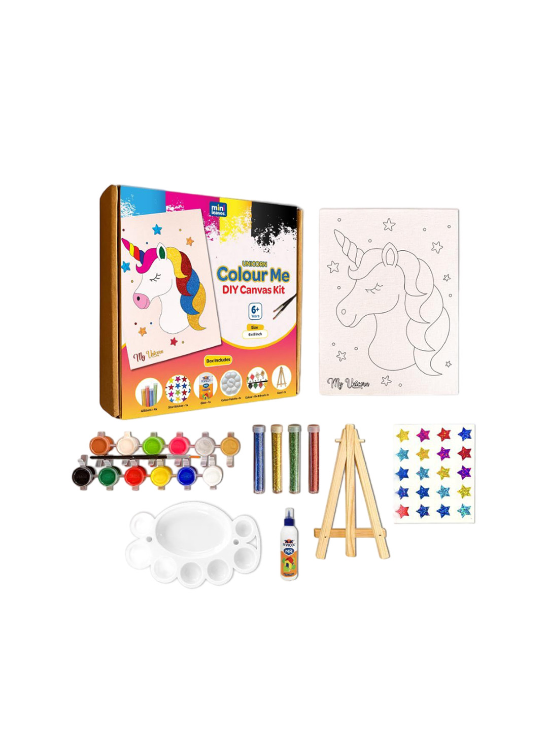 Mini Leaves Unicorn DIY Canvas Art Kit - Easel Glitters Paints & Brush for Kids 6+ Yrs