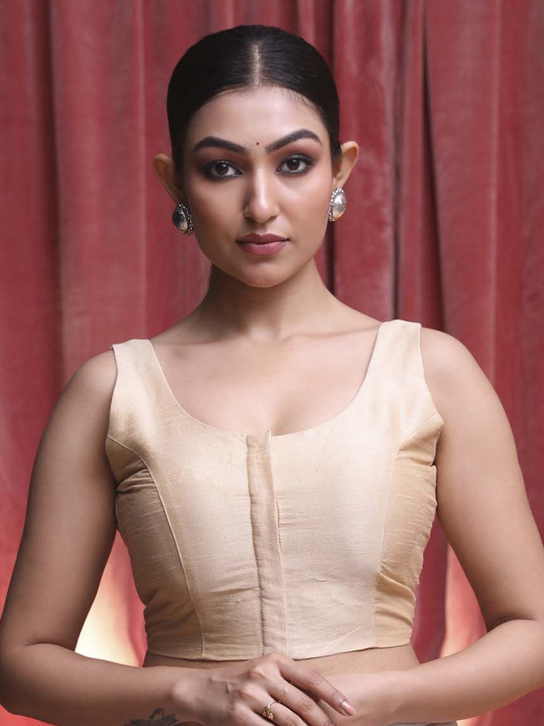 Indethnic  Round Neck Raw Silk Sleeveless Saree Blouse