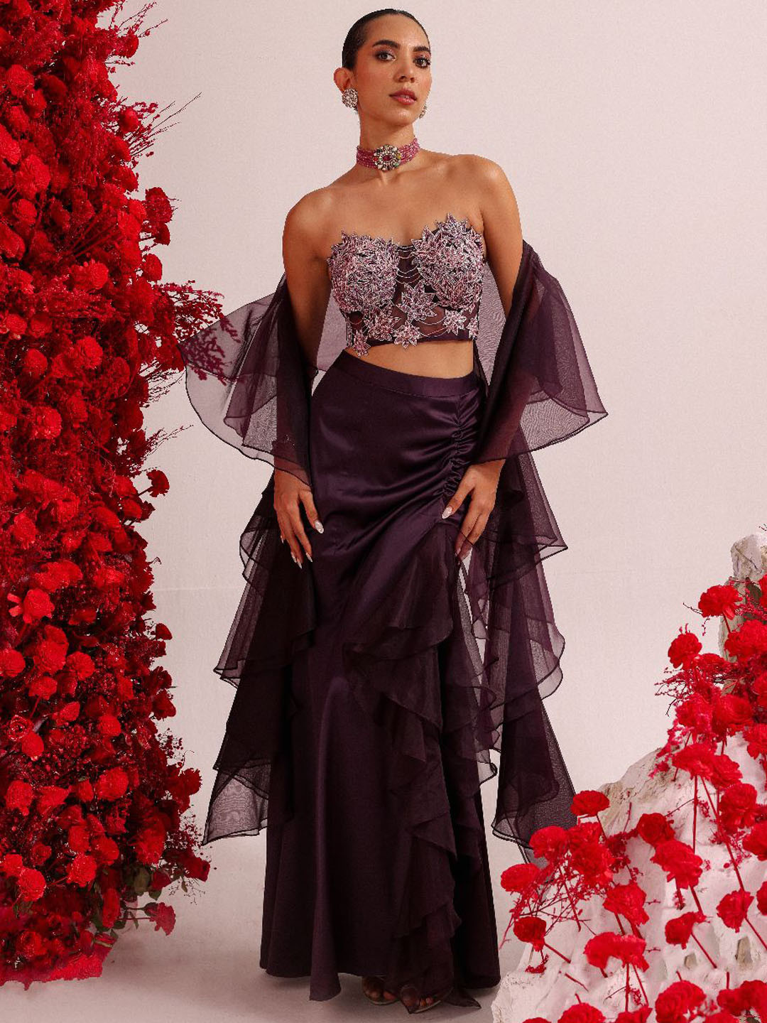 MONI K LABEL Embellished Strapless Top With Skirt & Dupatta
