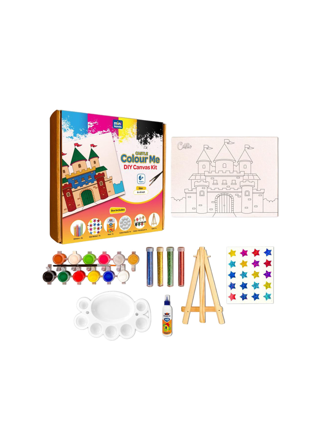 Mini Leaves Colour Me DIY Canvas Art Kit of Easel, Paints, Brushes, Glitter for Kids 6+yrs