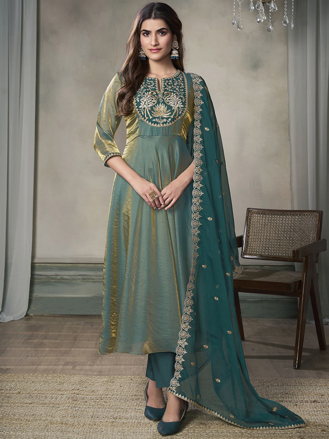 Inddus Women Floral Yoke Design Thread Work A-Line Crushed Organza Kurta Set