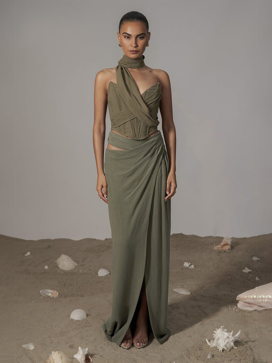 Bee Boe One Shoulder Linen Wrap Crop Top