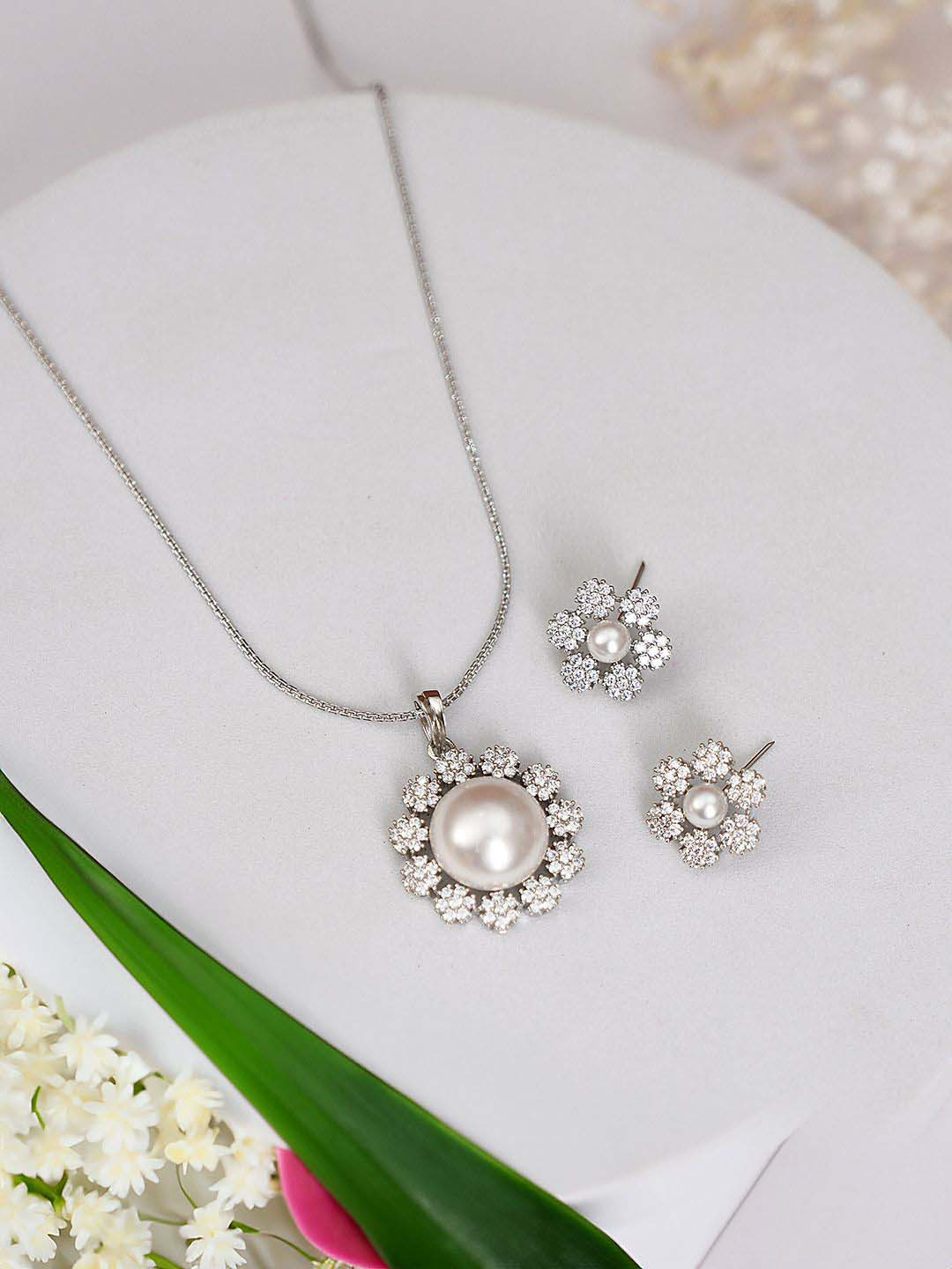 Saraf RS Jewellery Silver Plated AD Studded & Beaded Jewellery Set