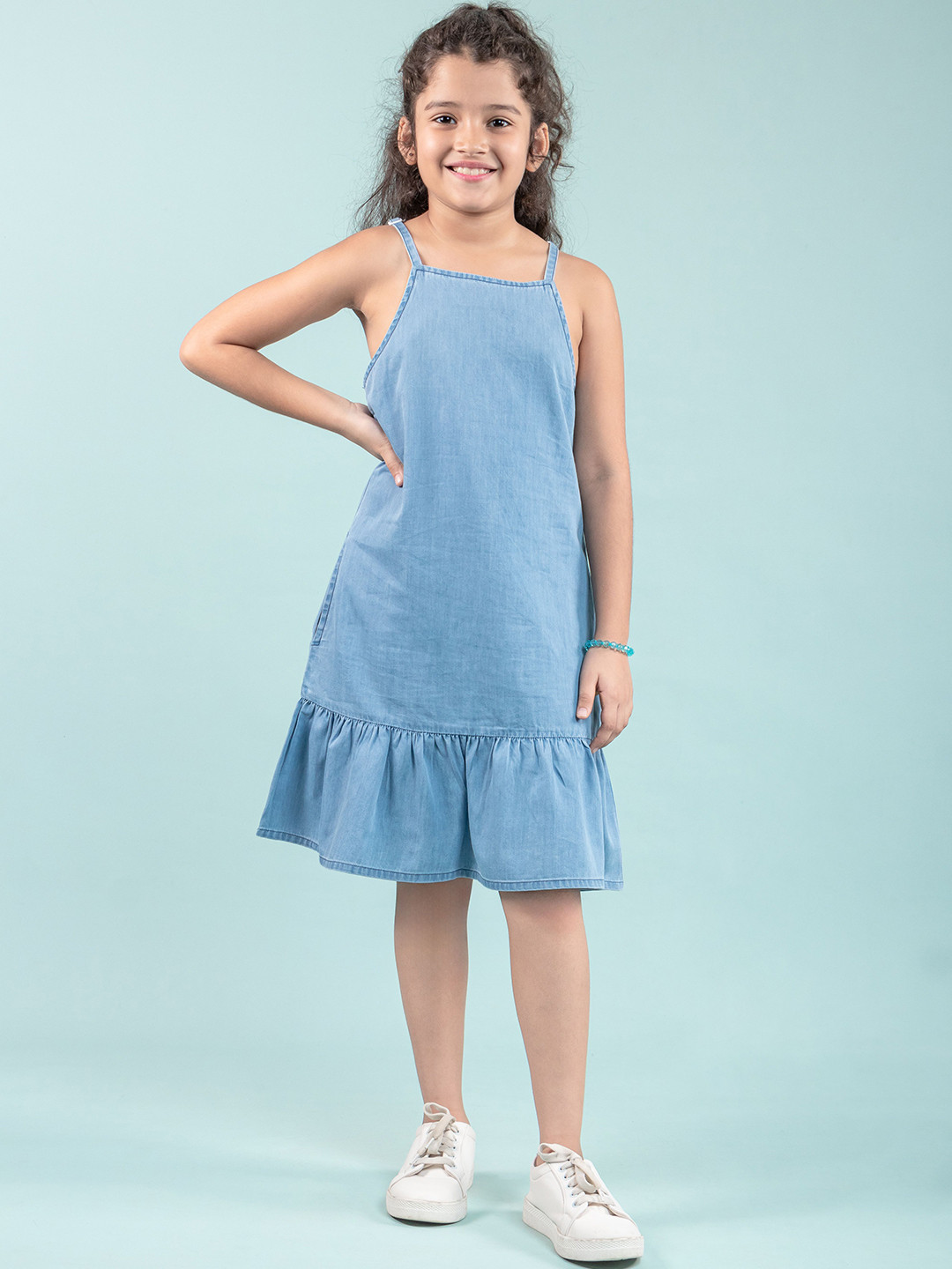 TWEENY MINI Girls Pure Cotton Strappy Denim Dress