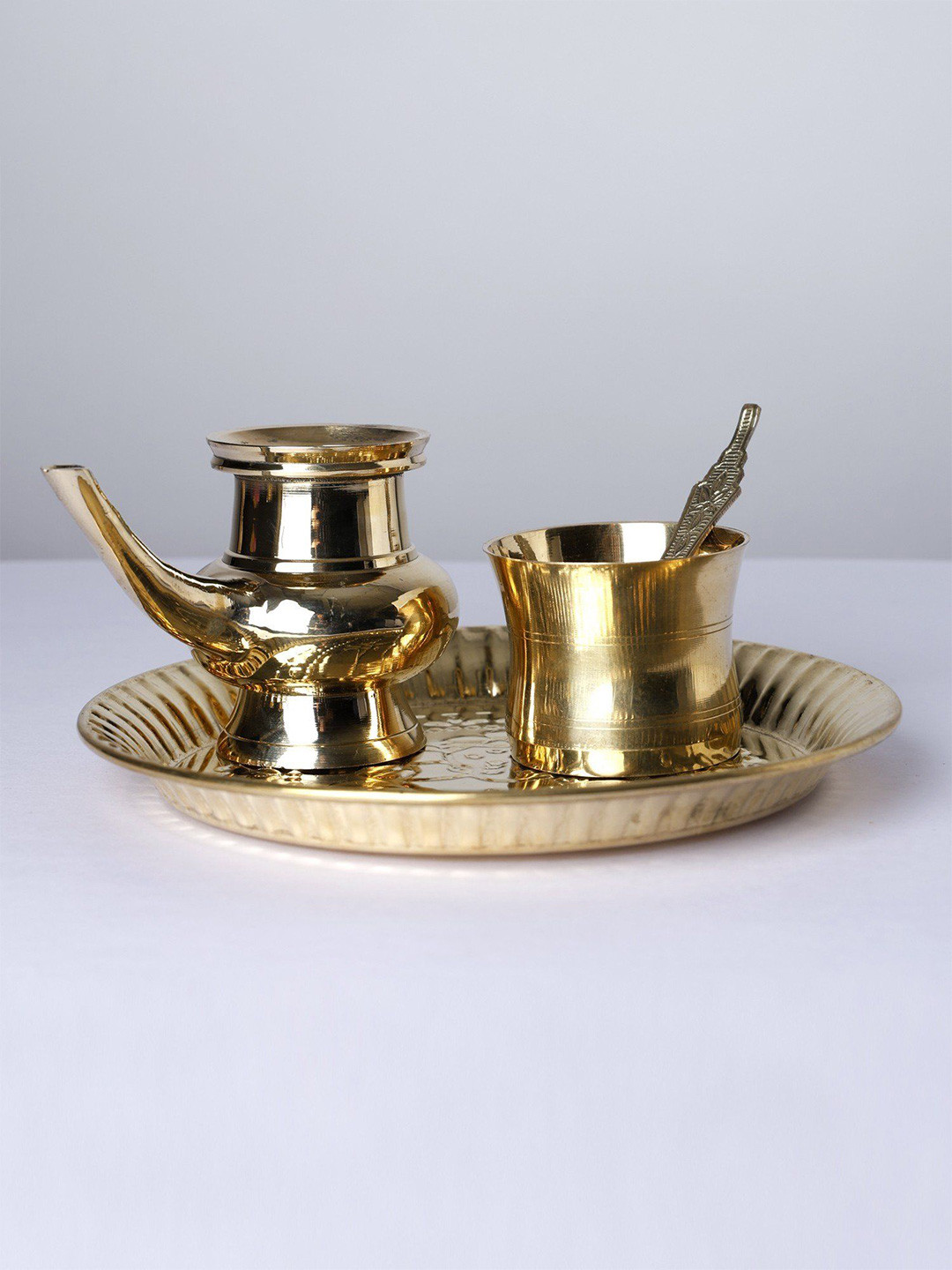 Exotic India Set of Brass Puja Thali Ritual Puja Items