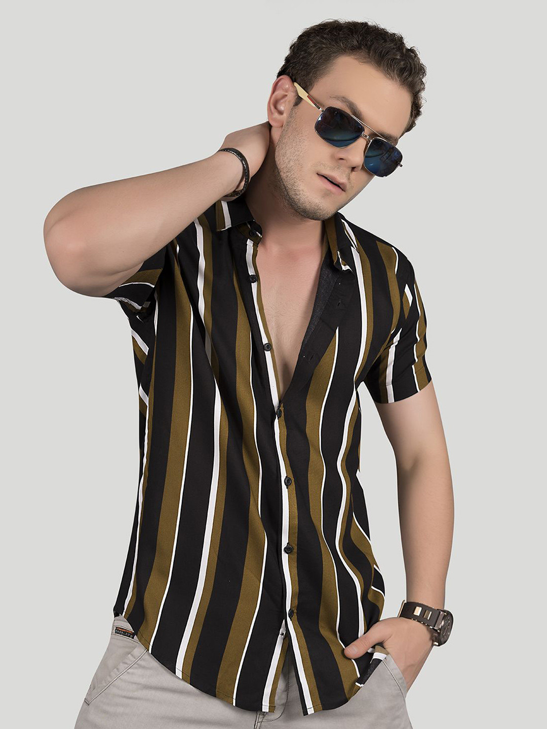 ALMATY Men Comfort Slim Fit Opaque Striped Party Shirt