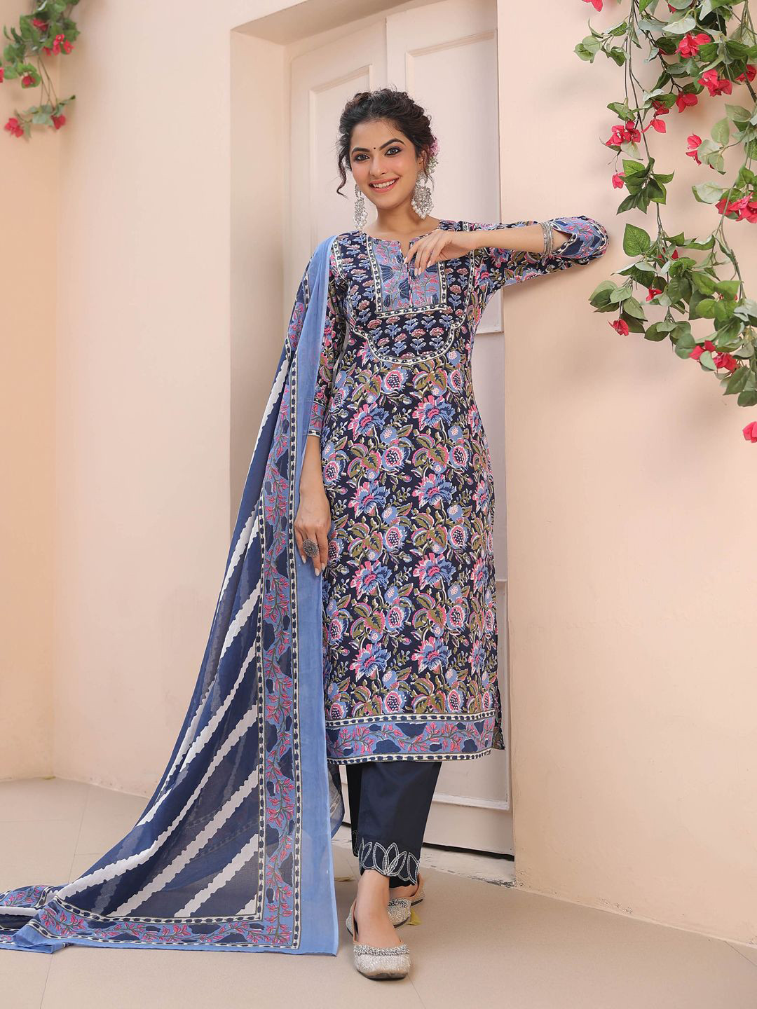Rain & Rainbow Floral Printed Kurta Trouser Set With Dupatta
