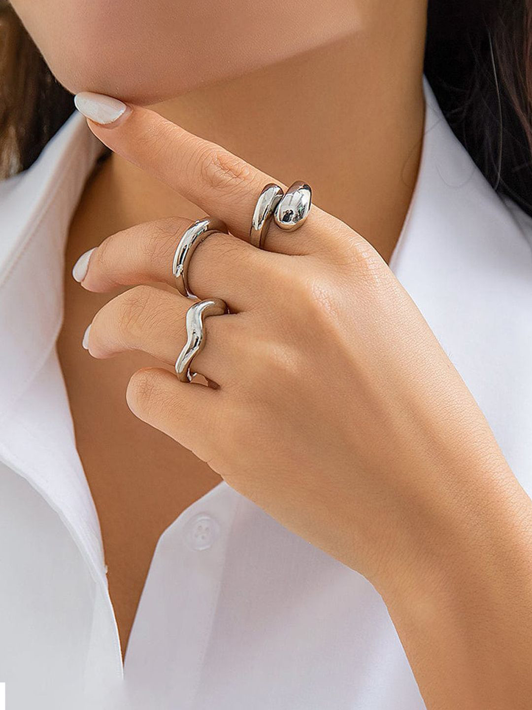 Jewels Galaxy Set Of 3 Silver Plated Midi Adjustable Finger Rings