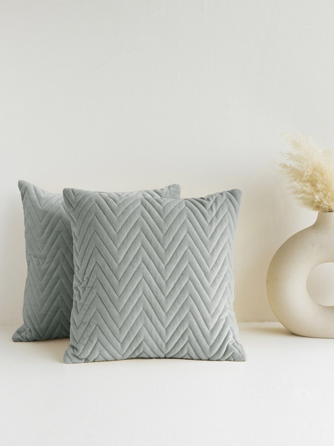 HOMEMONDE Grey Chevron Cotton Quilted 2 Piece Textured Square Cushion Covers -16x16In