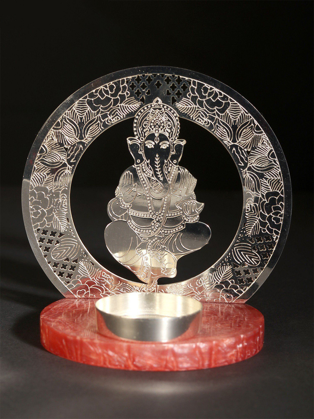 Exotic India White Metal Ganesha T-Light Candle Holder on Resin Base